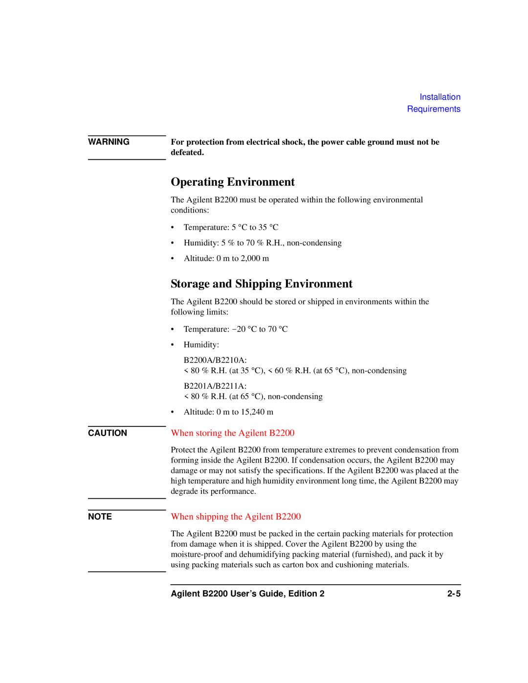 Agilent Technologies B2201A manual Operating Environment, Storage and Shipping Environment 