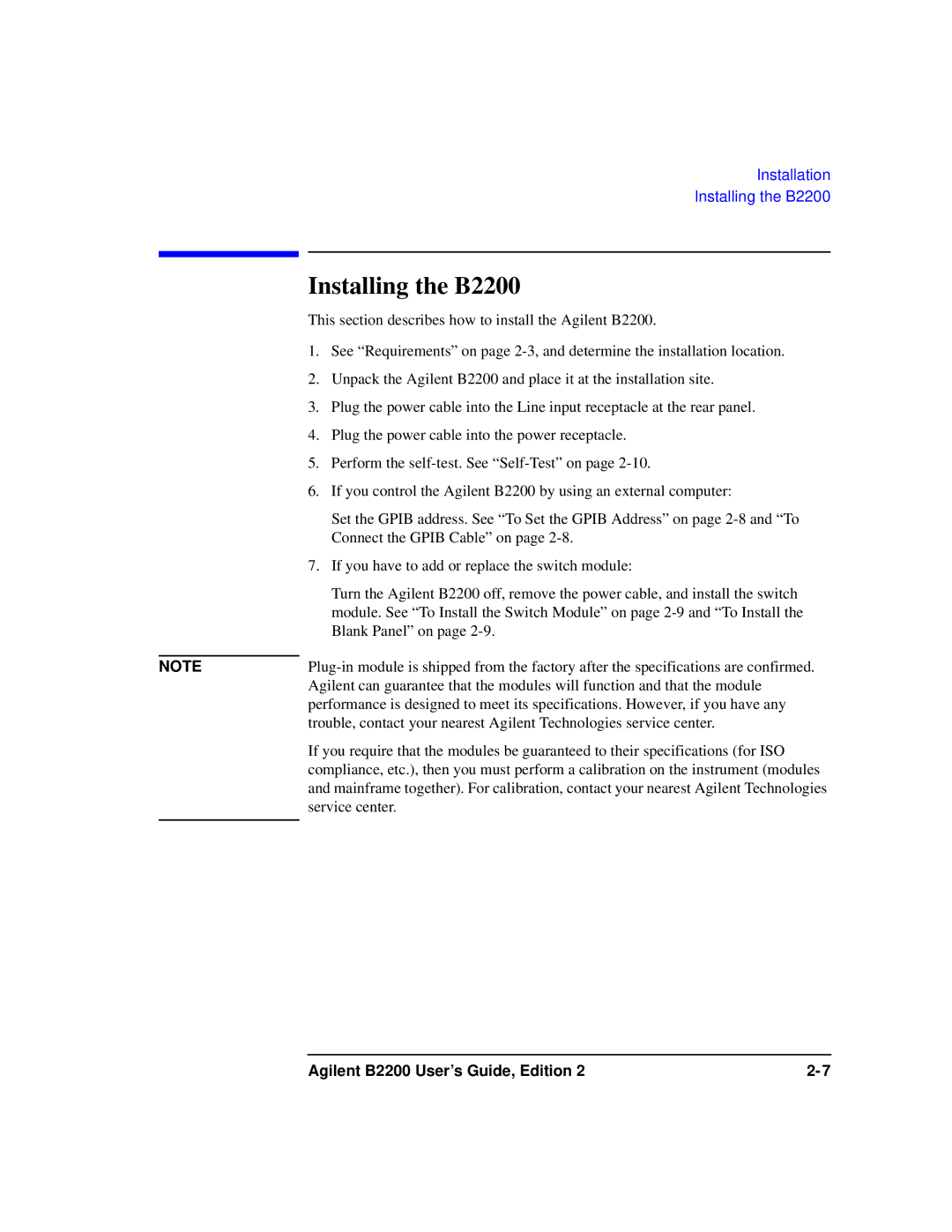 Agilent Technologies B2201A manual Installing the B2200 