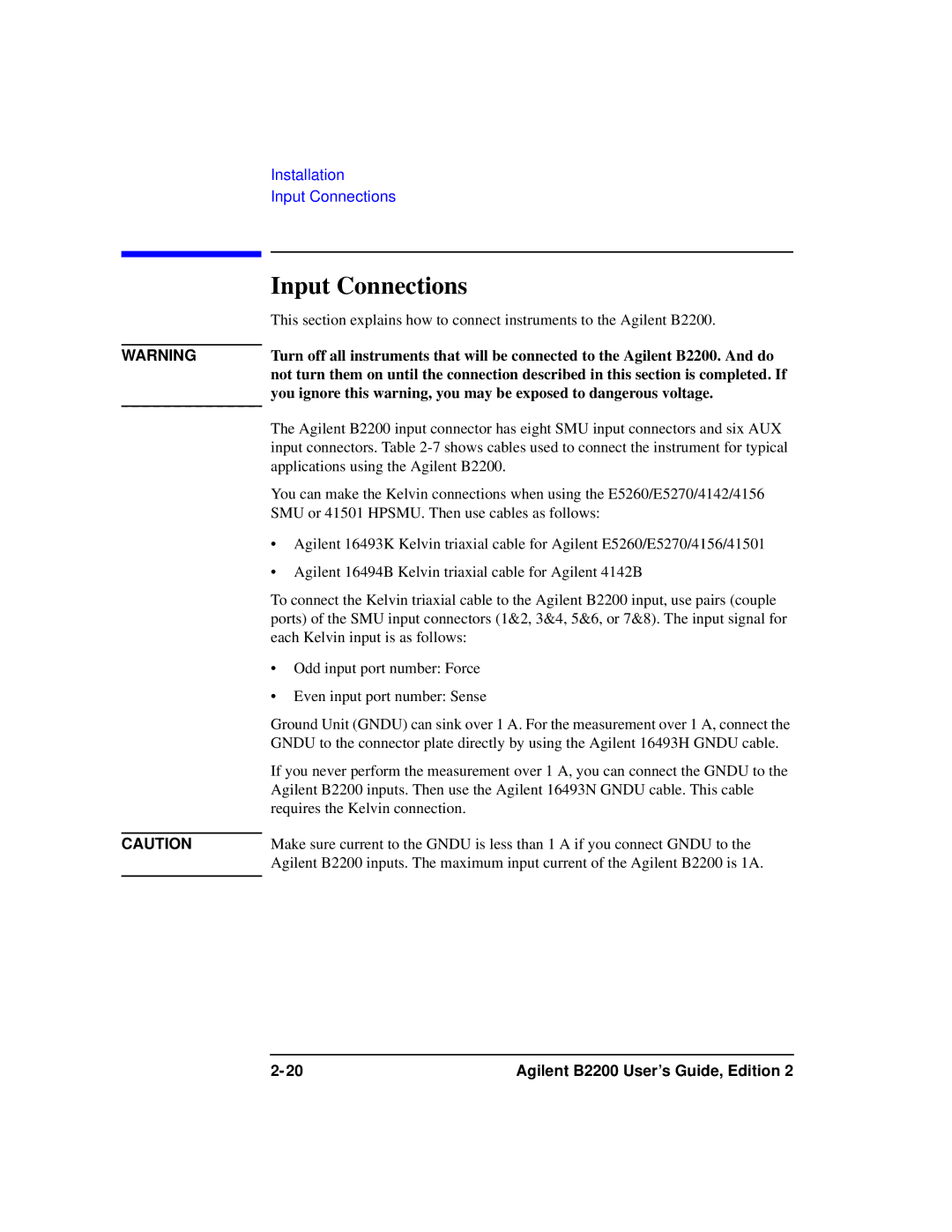 Agilent Technologies B2201A manual Input Connections 