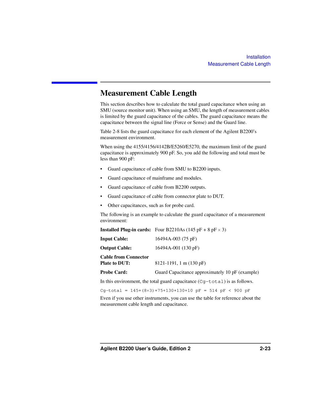 Agilent Technologies B2201A manual Measurement Cable Length, Input Cable, Cable from Connector Plate to DUT, Probe Card 