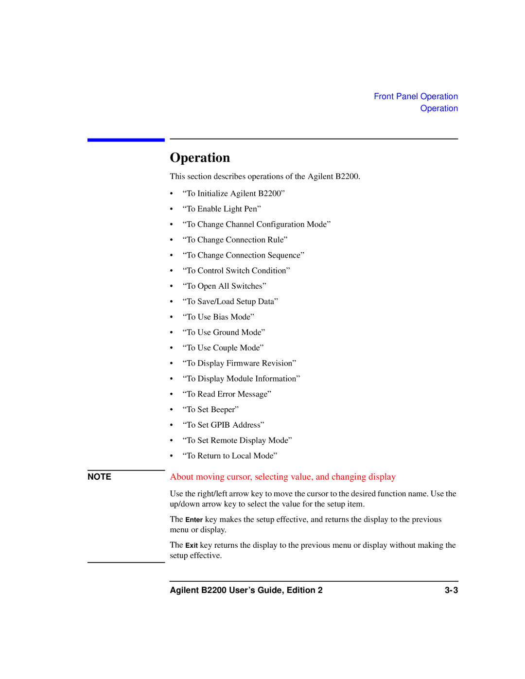 Agilent Technologies B2201A manual Operation, About moving cursor, selecting value, and changing display 