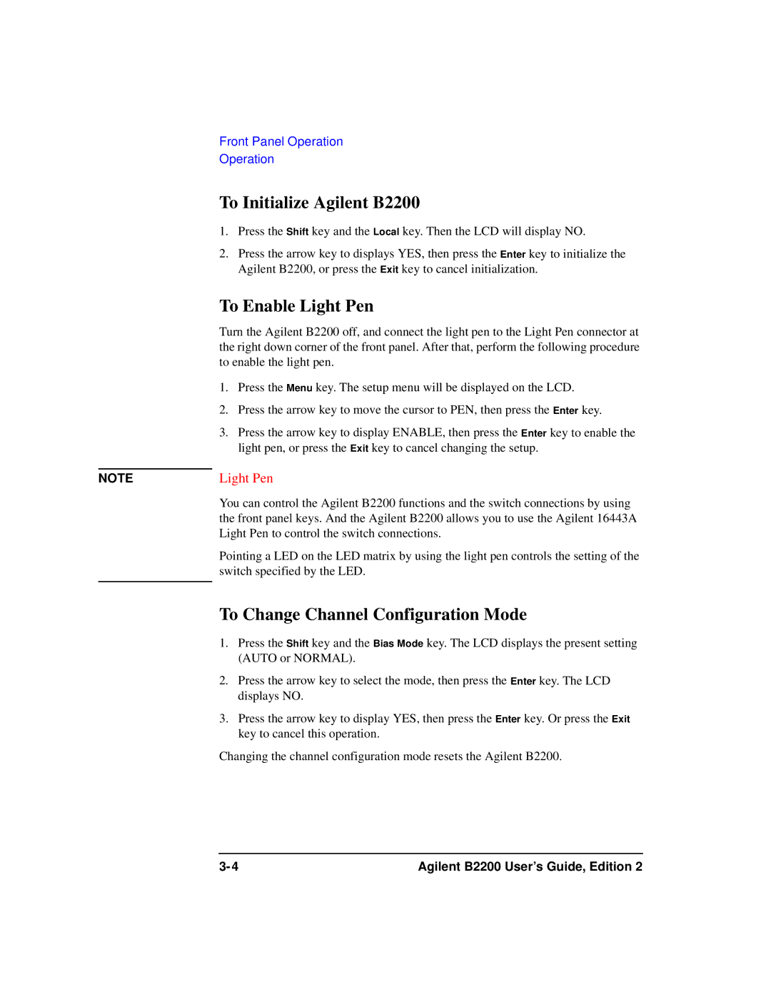 Agilent Technologies B2201A manual To Initialize Agilent B2200, To Enable Light Pen, To Change Channel Configuration Mode 