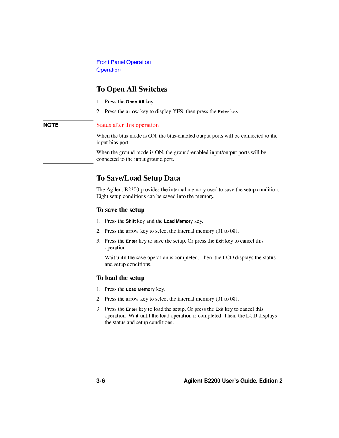 Agilent Technologies B2201A manual To Open All Switches, To Save/Load Setup Data 