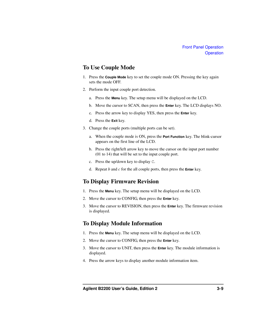 Agilent Technologies B2201A manual To Use Couple Mode, To Display Firmware Revision, To Display Module Information 