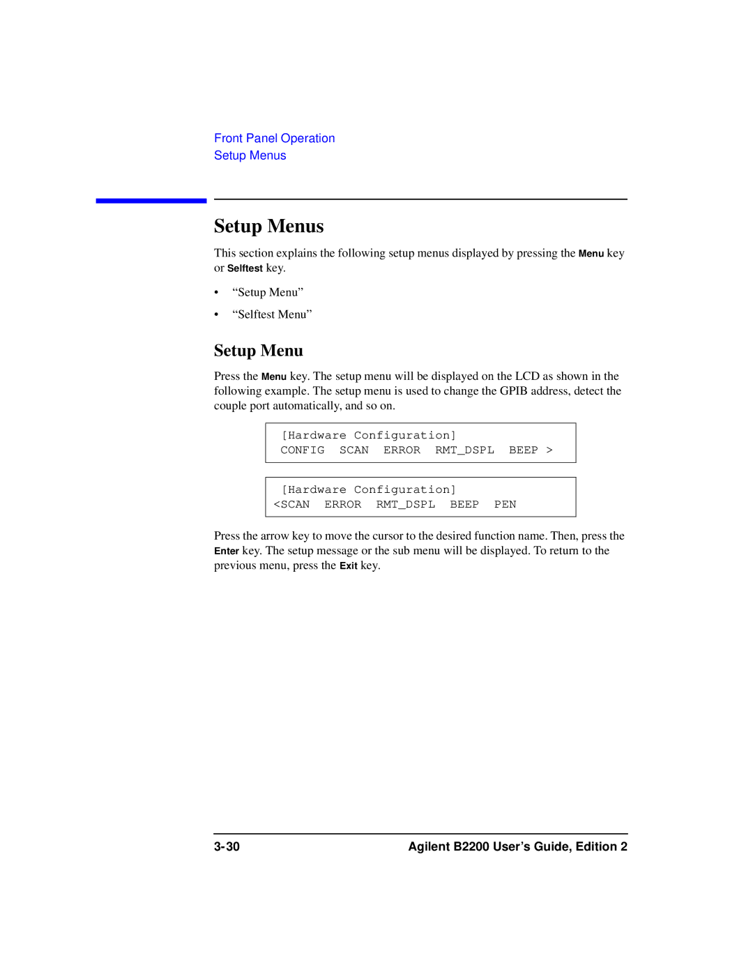 Agilent Technologies B2201A manual Setup Menus 