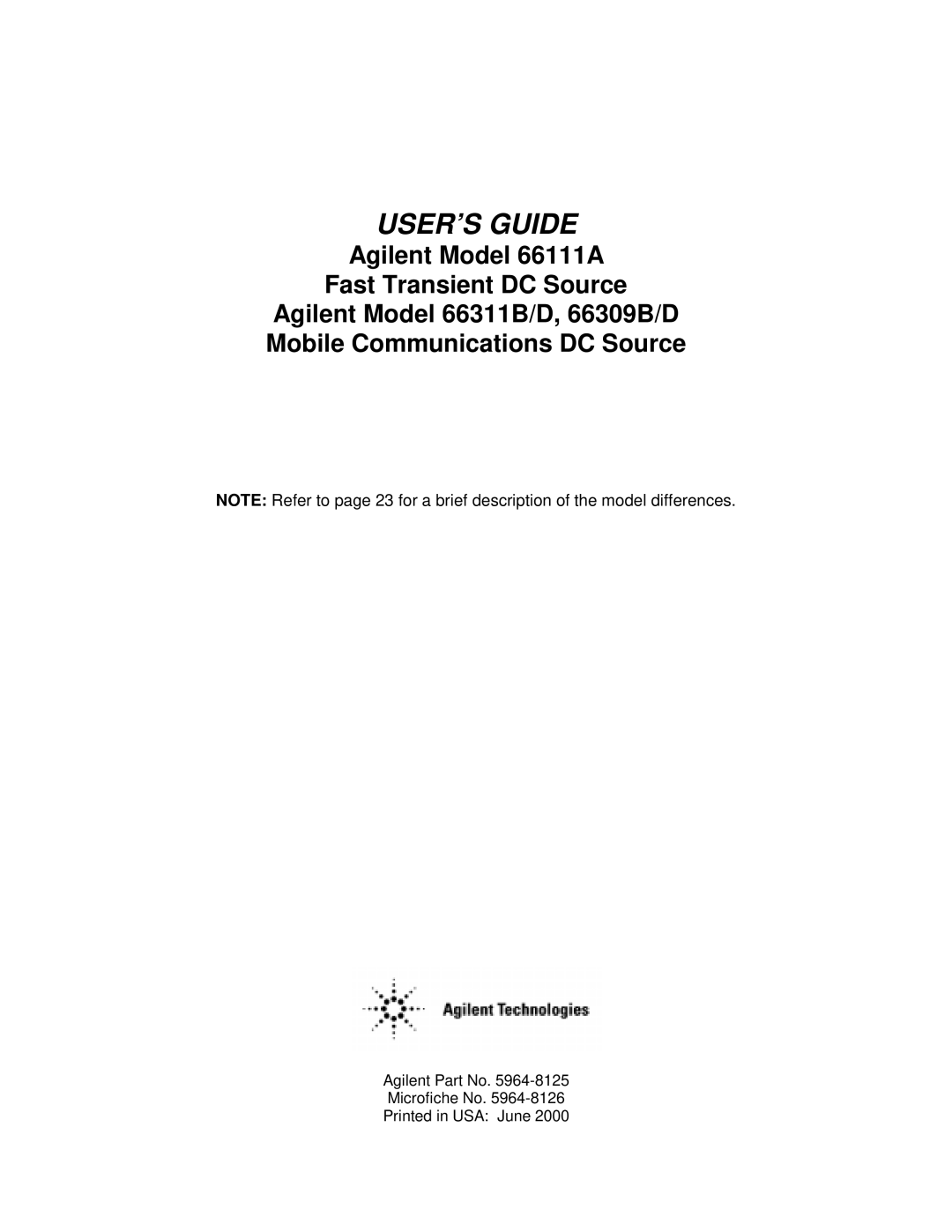 Agilent Technologies 66311B, D, 66309B, 66111A manual USER’S Guide 