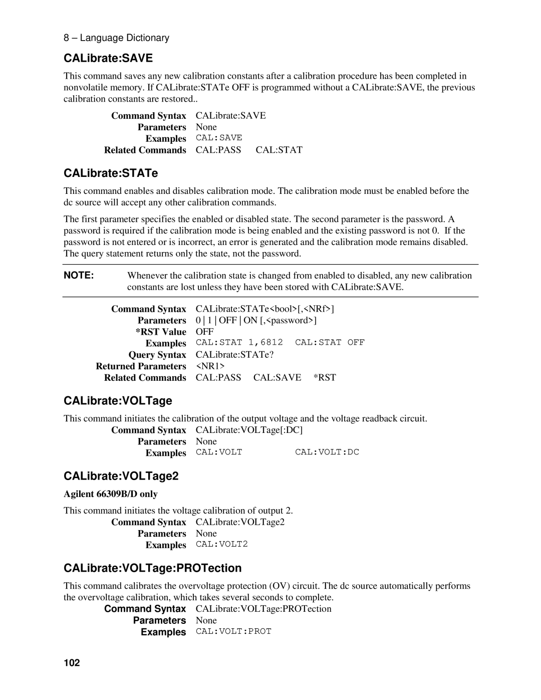 Agilent Technologies 66309B, D, 66311B CALibrateSAVE, CALibrateSTATe, CALibrateVOLTage2, CALibrateVOLTagePROTection 