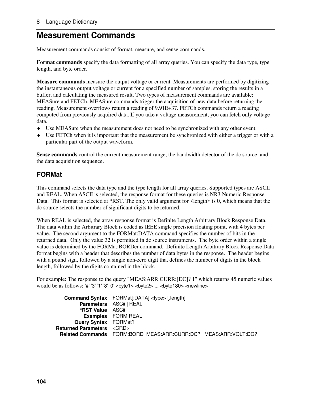 Agilent Technologies D, 66311B, 66309B, 66111A manual Measurement Commands, FORMat, 104 