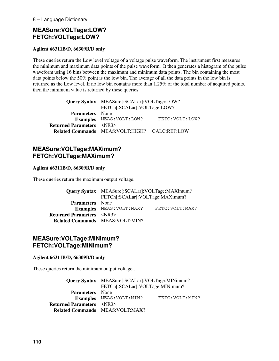 Agilent Technologies 66309B, D manual MEASureVOLTageLOW? FETChVOLTageLOW?, MEASureVOLTageMAXimum? FETChVOLTageMAXimum?, 110 
