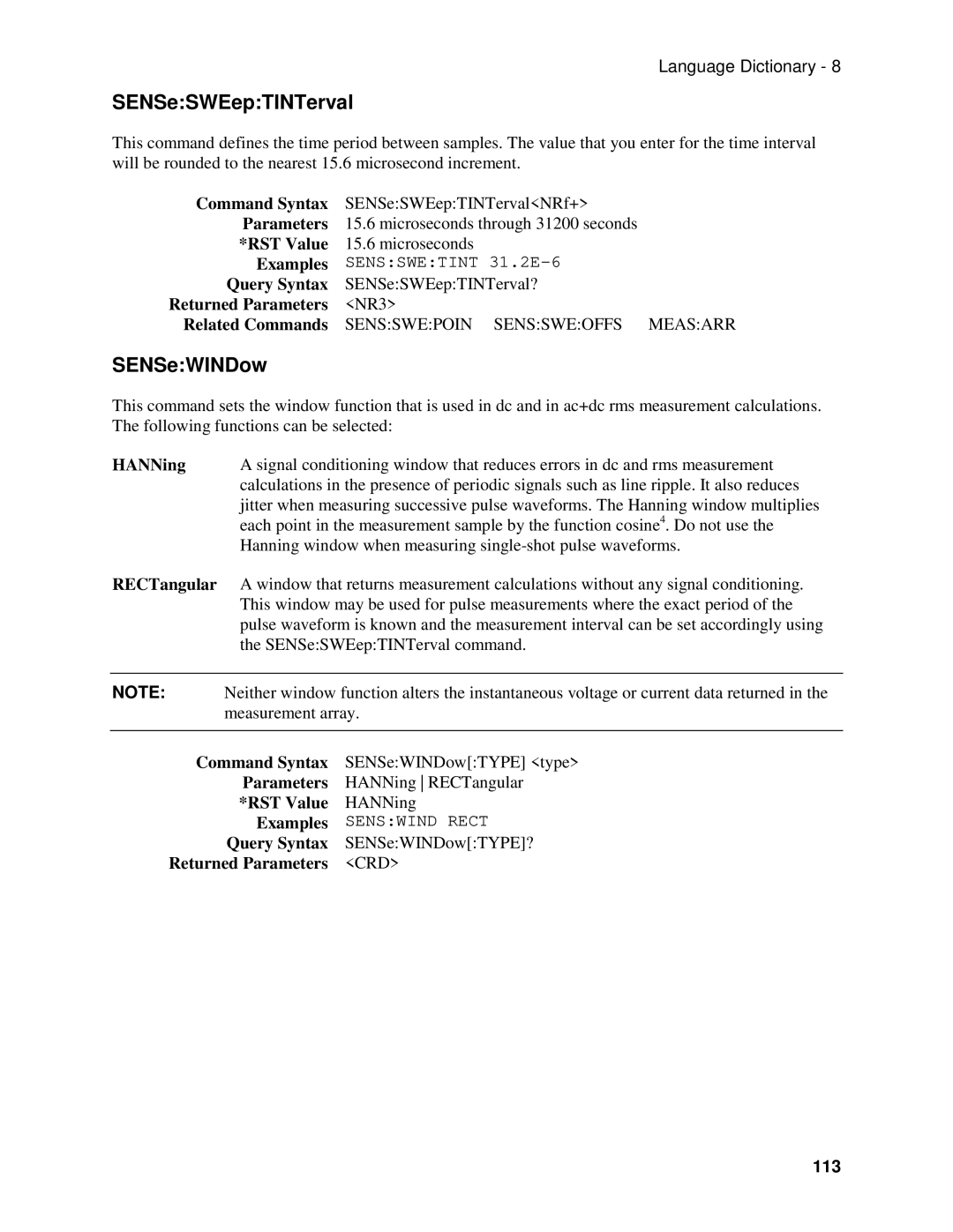 Agilent Technologies 66311B, 66309B, 66111A Query Syntax SENSeSWEepTINTerval?, Query Syntax SENSeWINDowTYPE?, 113 