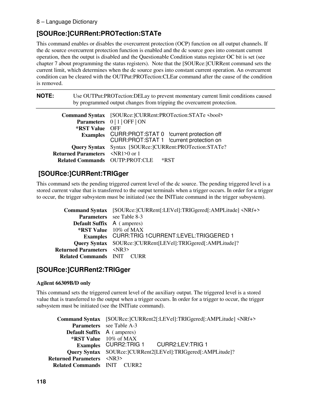 Agilent Technologies 66309B, D, 66311B manual SOURceCURRentPROTectionSTATe, SOURceCURRentTRIGger, SOURceCURRent2TRIGger, 118 