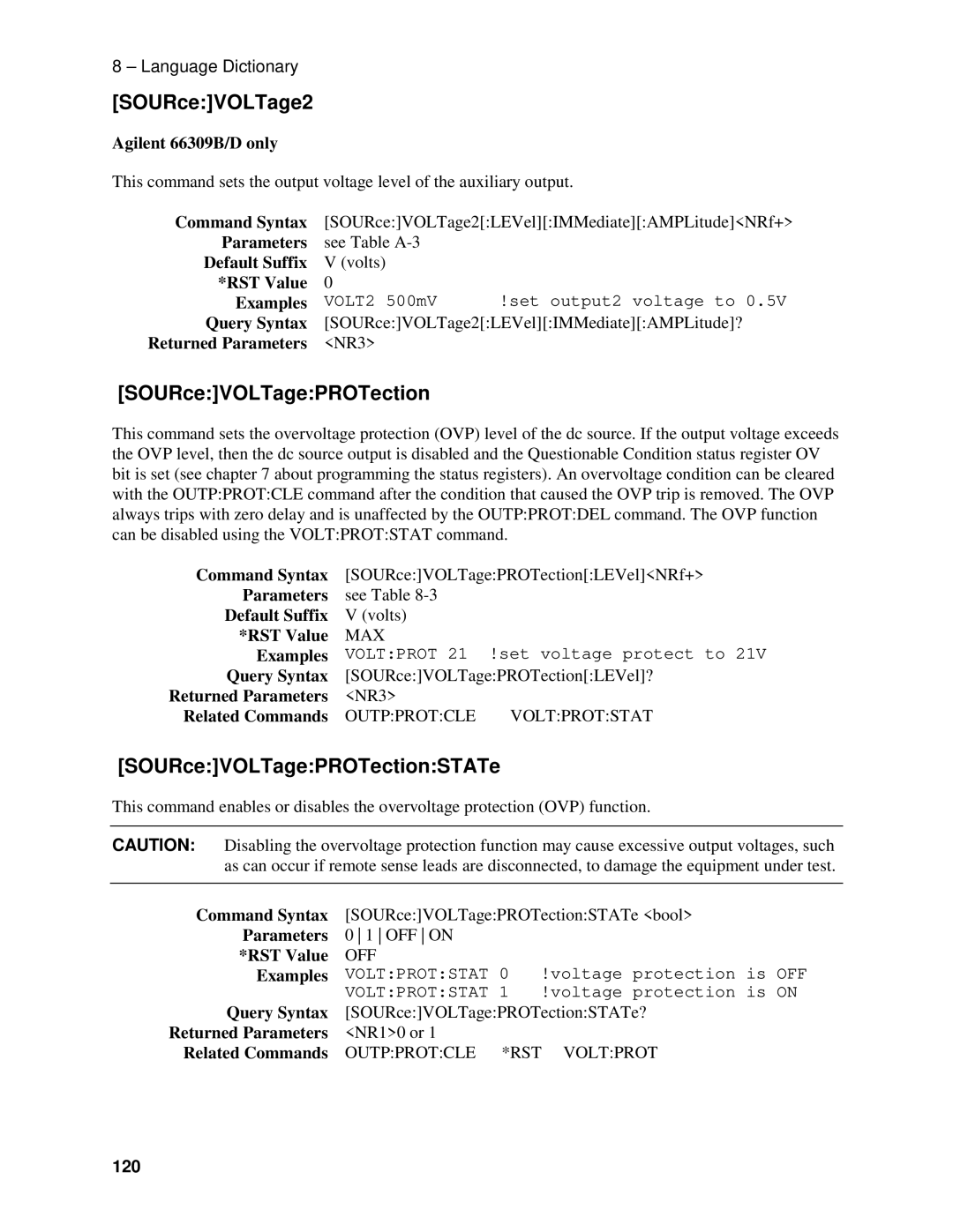 Agilent Technologies D, 66311B, 66309B, 66111A manual SOURceVOLTage2, SOURceVOLTagePROTectionSTATe, 120 