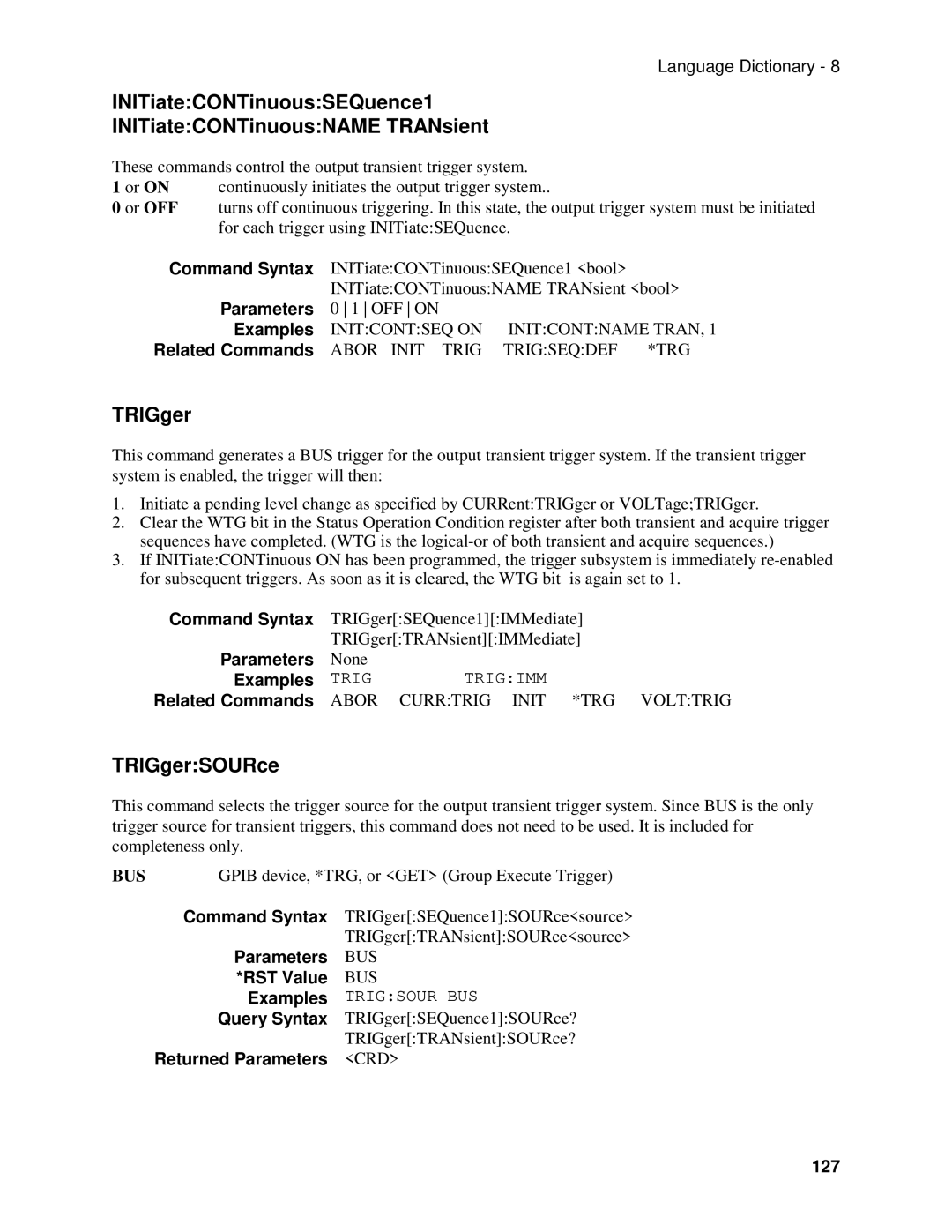 Agilent Technologies 66111A, D, 66311B, 66309B manual TRIGgerSOURce, 127 