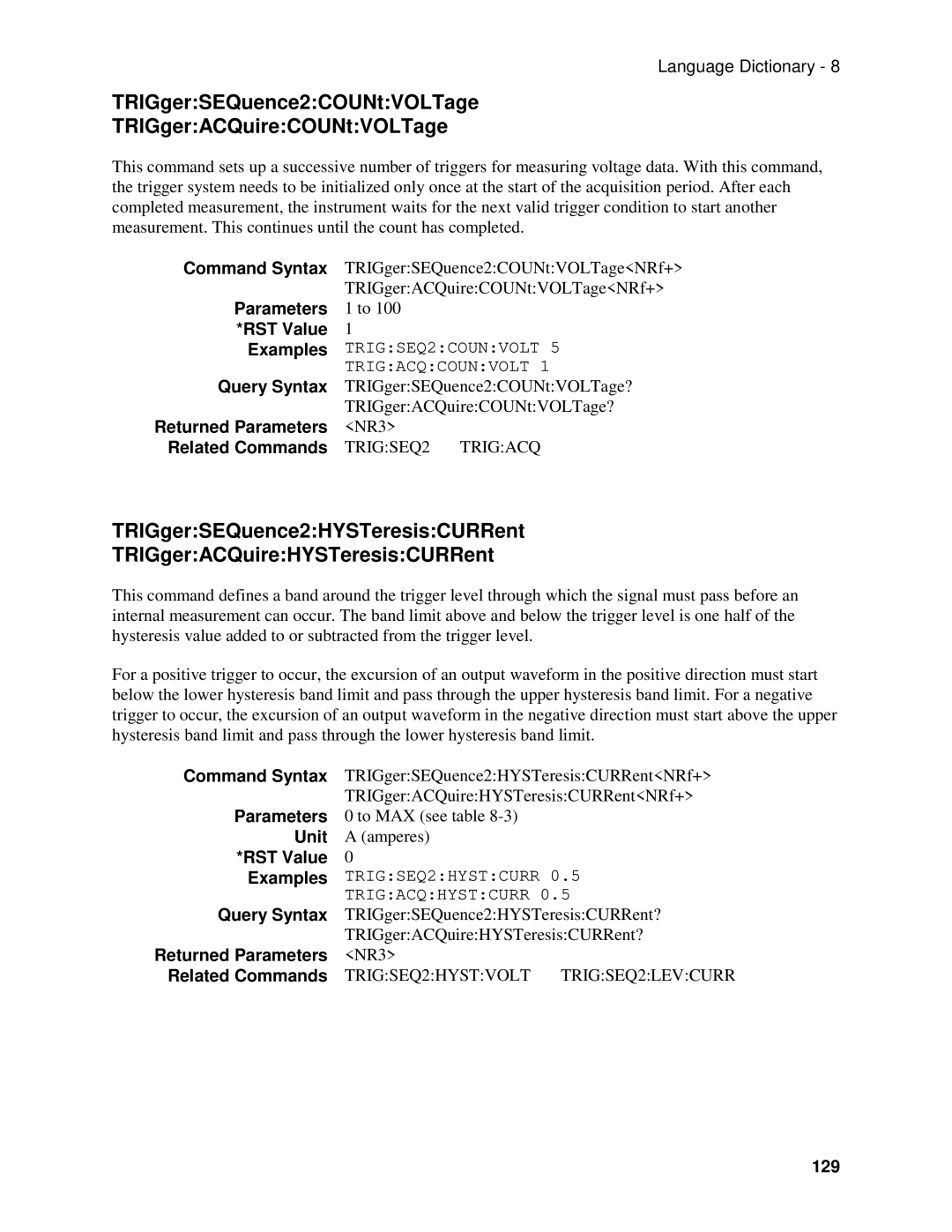 Agilent Technologies 66311B, D, 66309B, 66111A manual TRIGgerSEQuence2COUNtVOLTage TRIGgerACQuireCOUNtVOLTage, Unit, 129 
