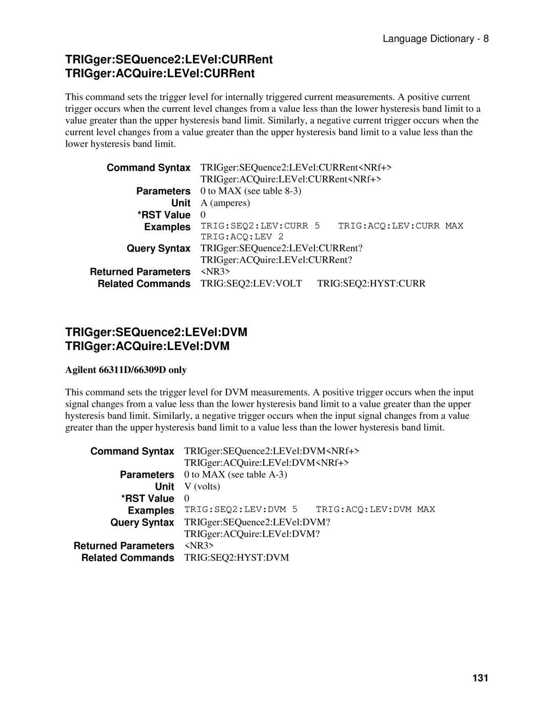 Agilent Technologies 66111A, D, 66311B, 66309B manual TRIGgerSEQuence2LEVelCURRent TRIGgerACQuireLEVelCURRent, 131 