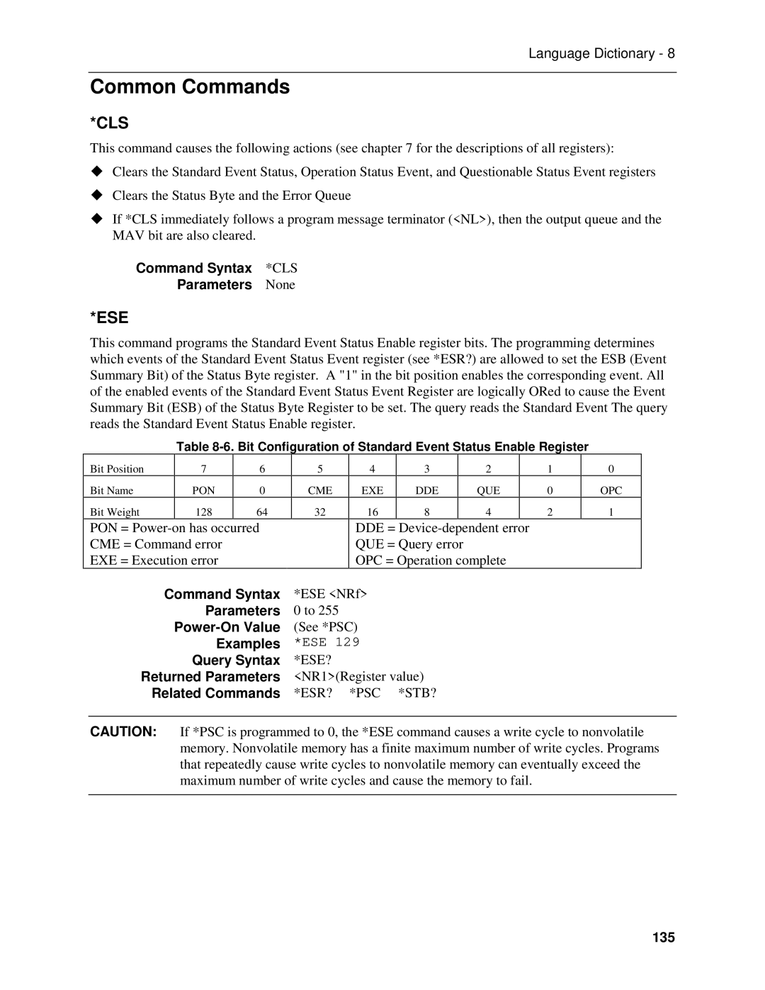 Agilent Technologies 66111A, D, 66311B, 66309B manual Common Commands, Command Syntax *CLS Parameters None, 135 