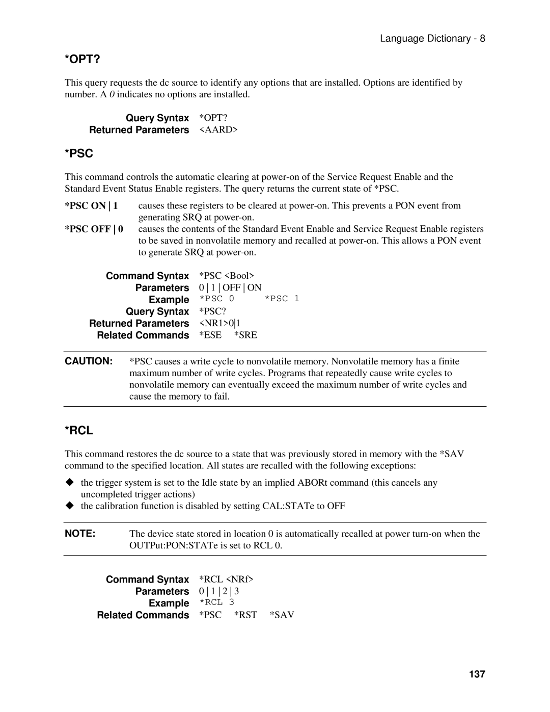 Agilent Technologies 66311B, D, 66309B, 66111A Query Syntax *OPT? Returned Parameters Aard, RCL NRf, Parameters Example, 137 