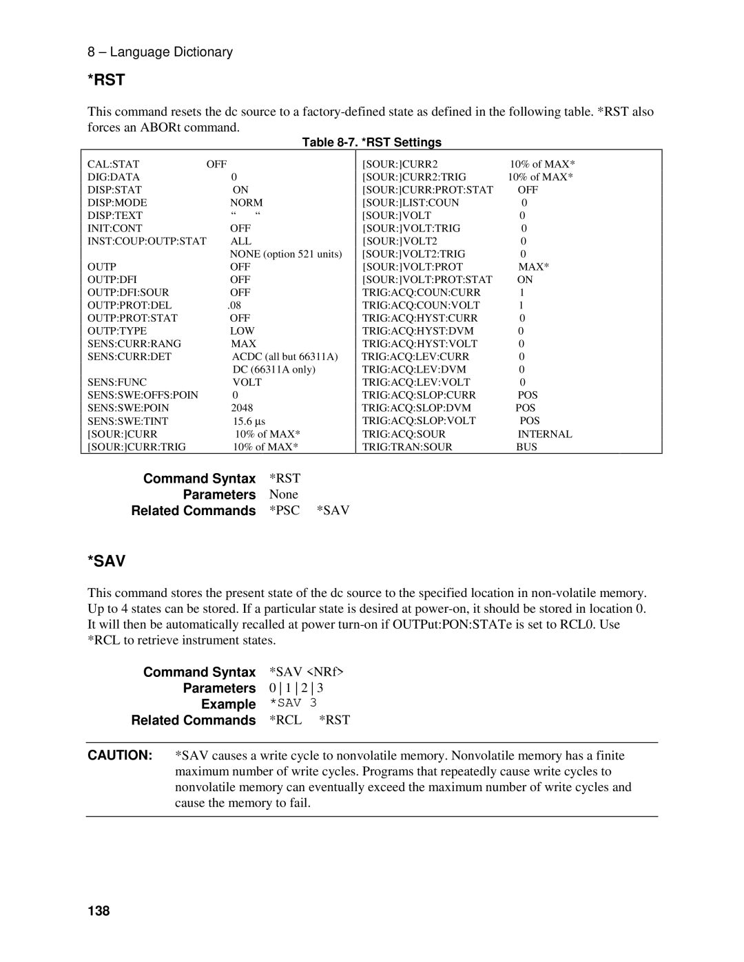 Agilent Technologies 66309B, D, 66311B Command Syntax *SAV NRf, Example *SAV Related Commands *RCL *RST 138, RST Settings 