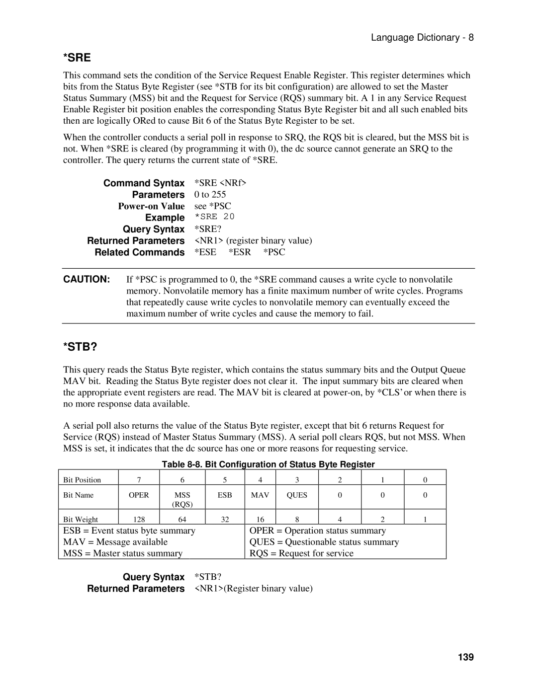 Agilent Technologies 66111A, D, 66311B Power-on Value, Query Syntax *STB?, 139, Bit Configuration of Status Byte Register 