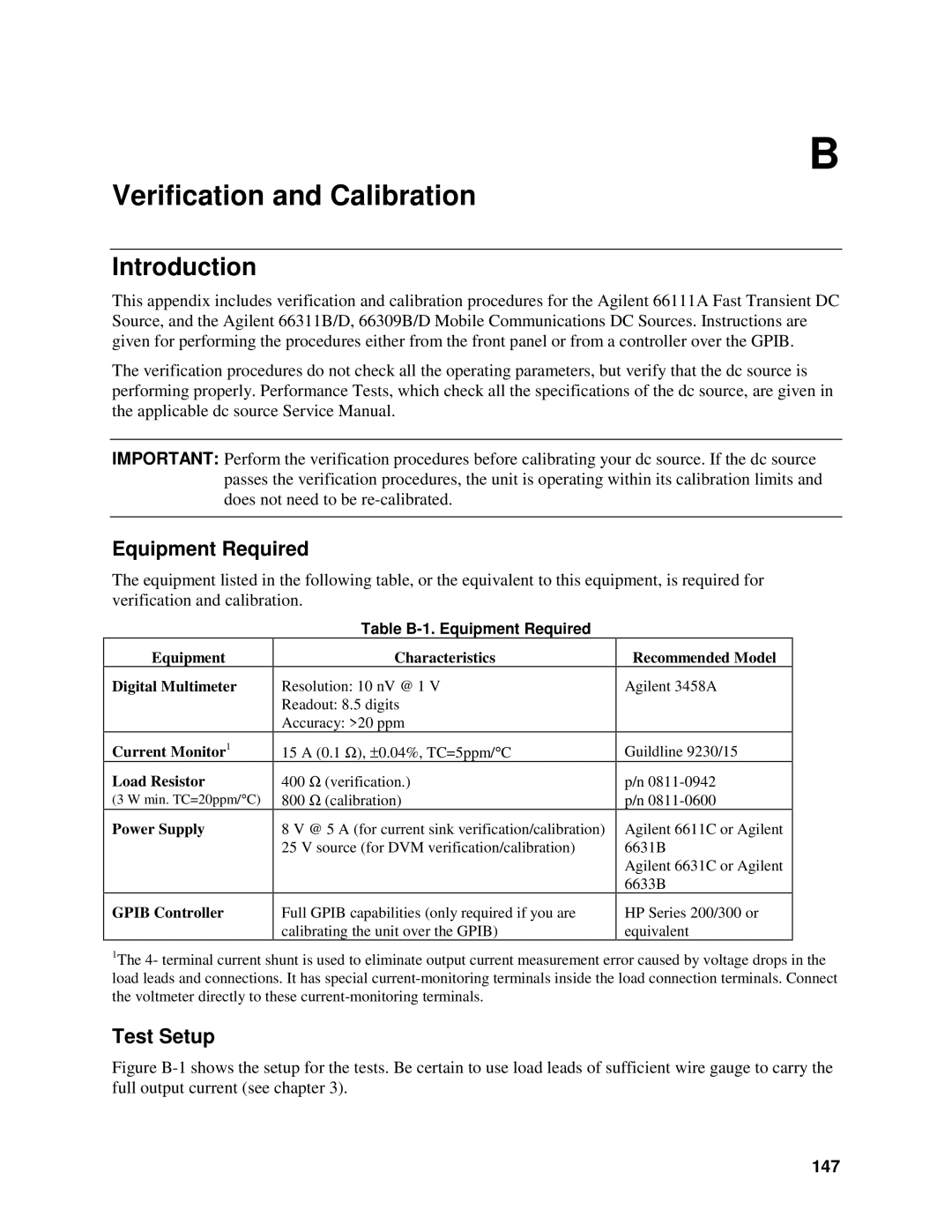 Agilent Technologies 66111A, D, 66311B, 66309B manual Test Setup, 147, Table B-1. Equipment Required 