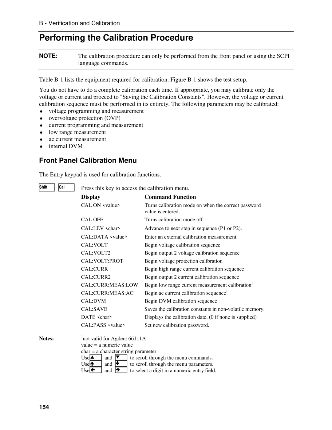 Agilent Technologies 66309B, D, 66311B, 66111A manual Performing the Calibration Procedure, Front Panel Calibration Menu, 154 