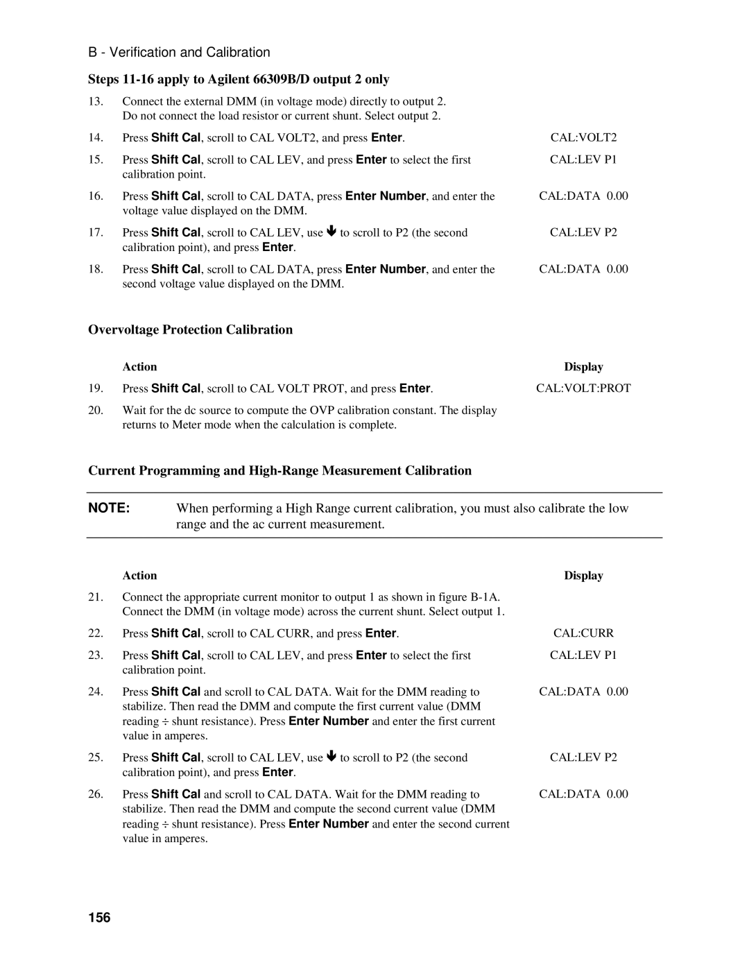 Agilent Technologies manual Steps 11-16 apply to Agilent 66309B/D output 2 only, Overvoltage Protection Calibration, 156 