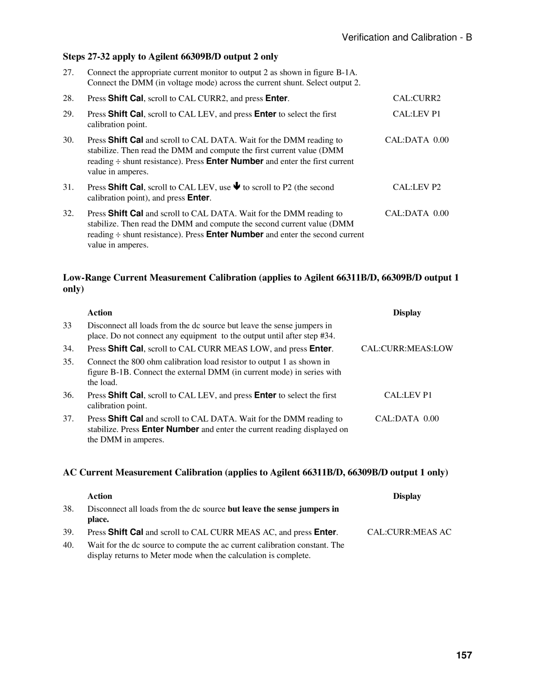 Agilent Technologies 66311B, 66111A manual Steps 27-32 apply to Agilent 66309B/D output 2 only, 157, Calcurrmeas AC 