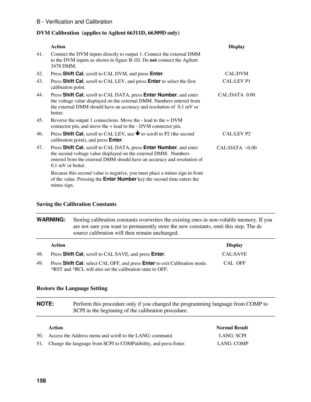 Agilent Technologies 66309B DVM Calibration applies to Agilent 66311D, 66309D only, Saving the Calibration Constants, 158 