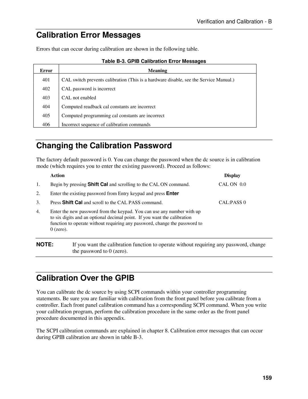 Agilent Technologies 66111A Calibration Error Messages, Changing the Calibration Password, Calibration Over the Gpib, 159 