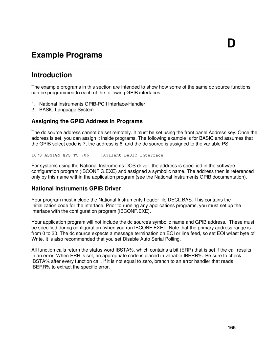 Agilent Technologies 66311B, 66309B, 66111A Assigning the Gpib Address in Programs, National Instruments Gpib Driver, 165 