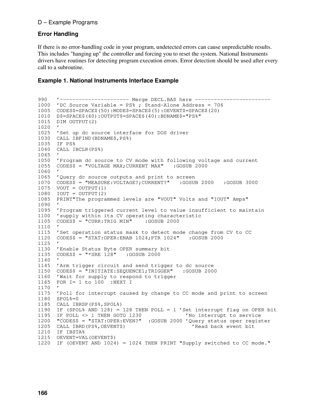 Agilent Technologies 66309B, D, 66311B, 66111A manual Error Handling, Example 1. National Instruments Interface Example, 166 