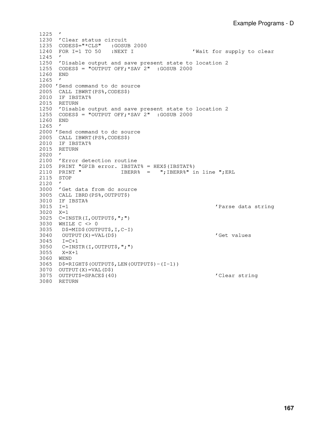 Agilent Technologies 66111A, 66311B, 66309B manual 167, Example Programs D 