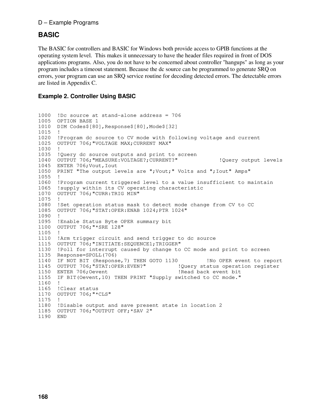 Agilent Technologies D, 66311B, 66309B, 66111A manual Example 2. Controller Using Basic, 168 