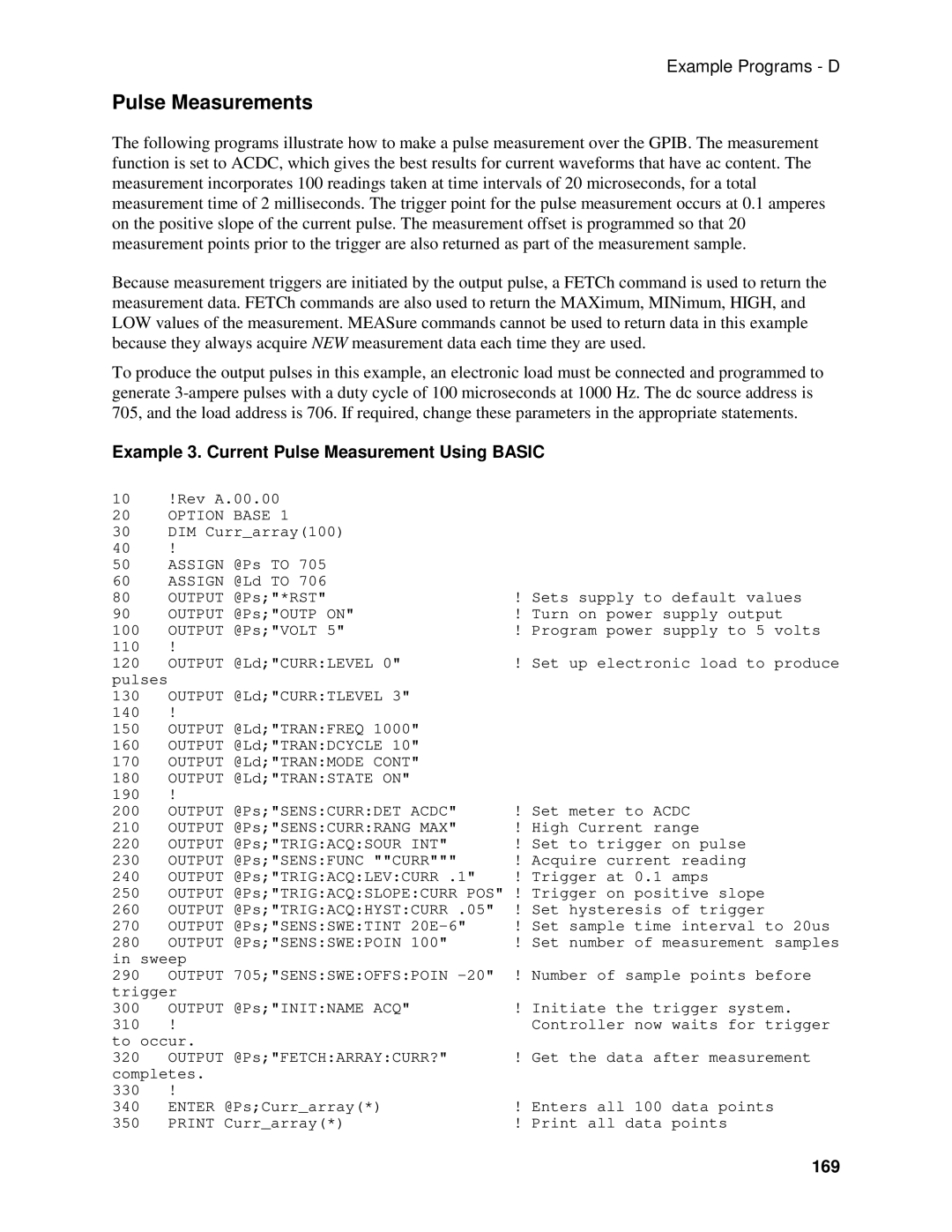 Agilent Technologies 66311B, D, 66309B, 66111A manual Example 3. Current Pulse Measurement Using Basic, 169 