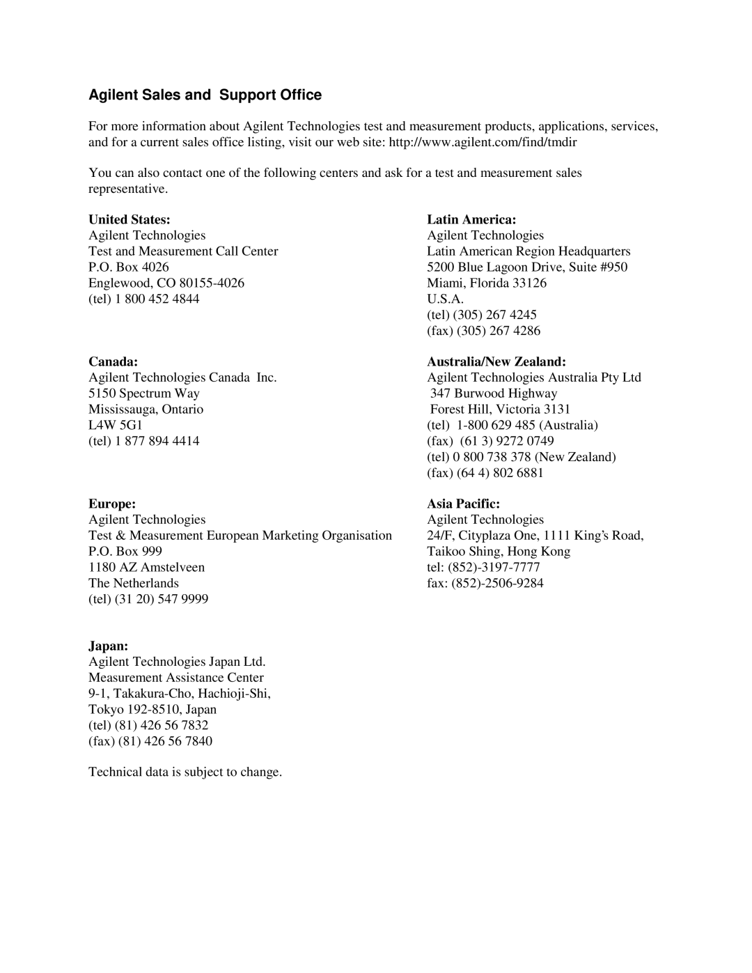 Agilent Technologies 66311B, D manual United States Latin America, Canada Australia/New Zealand, Europe Asia Pacific, Japan 