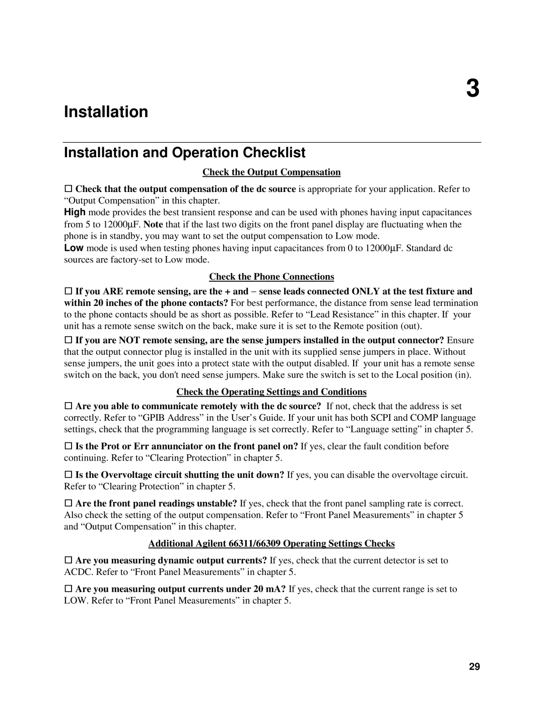 Agilent Technologies 66311B, D, 66309B, 66111A manual Installation and Operation Checklist, Check the Phone Connections 