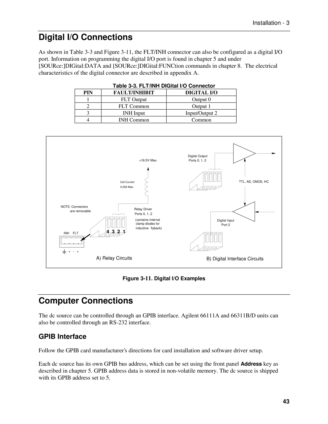 Agilent Technologies 66111A Digital I/O Connections, Computer Connections, Gpib Interface, FLT/INH DIGital I/O Connector 