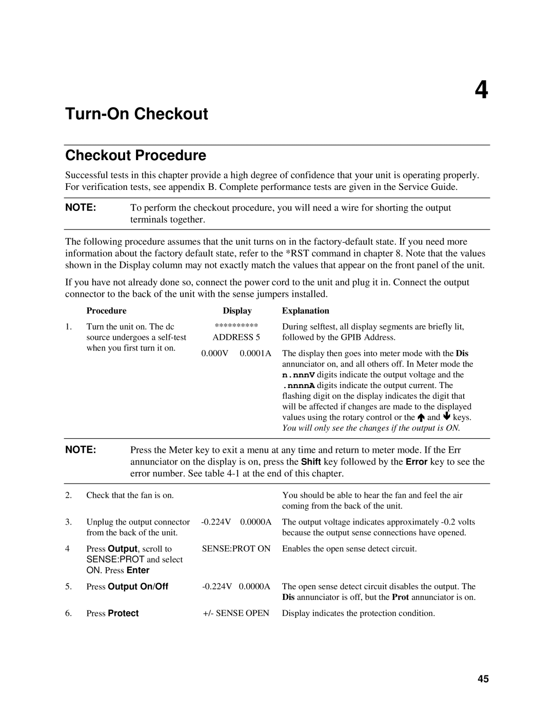 Agilent Technologies 66311B, 66309B Checkout Procedure, Procedure Display Explanation, Press Output On/Off, Press Protect 