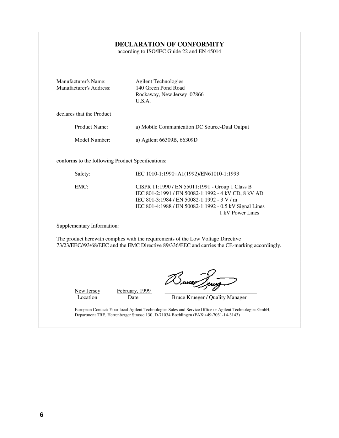 Agilent Technologies 66309B, 66311B, 66111A manual Declaration of Conformity 