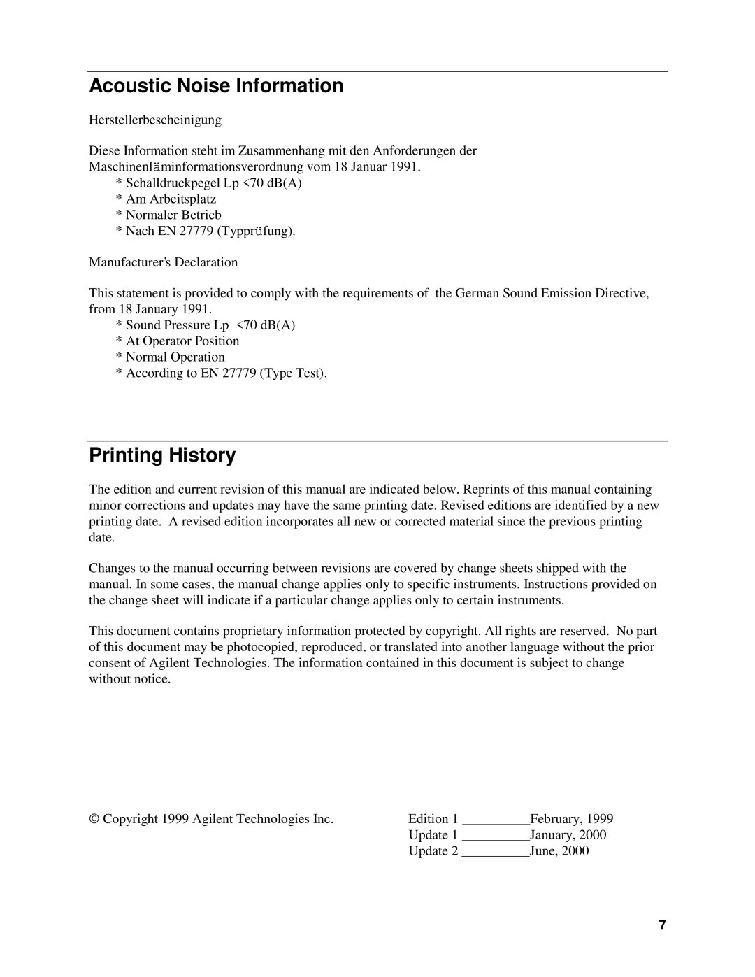 Agilent Technologies 66111A, D, 66311B, 66309B manual Acoustic Noise Information, Printing History 