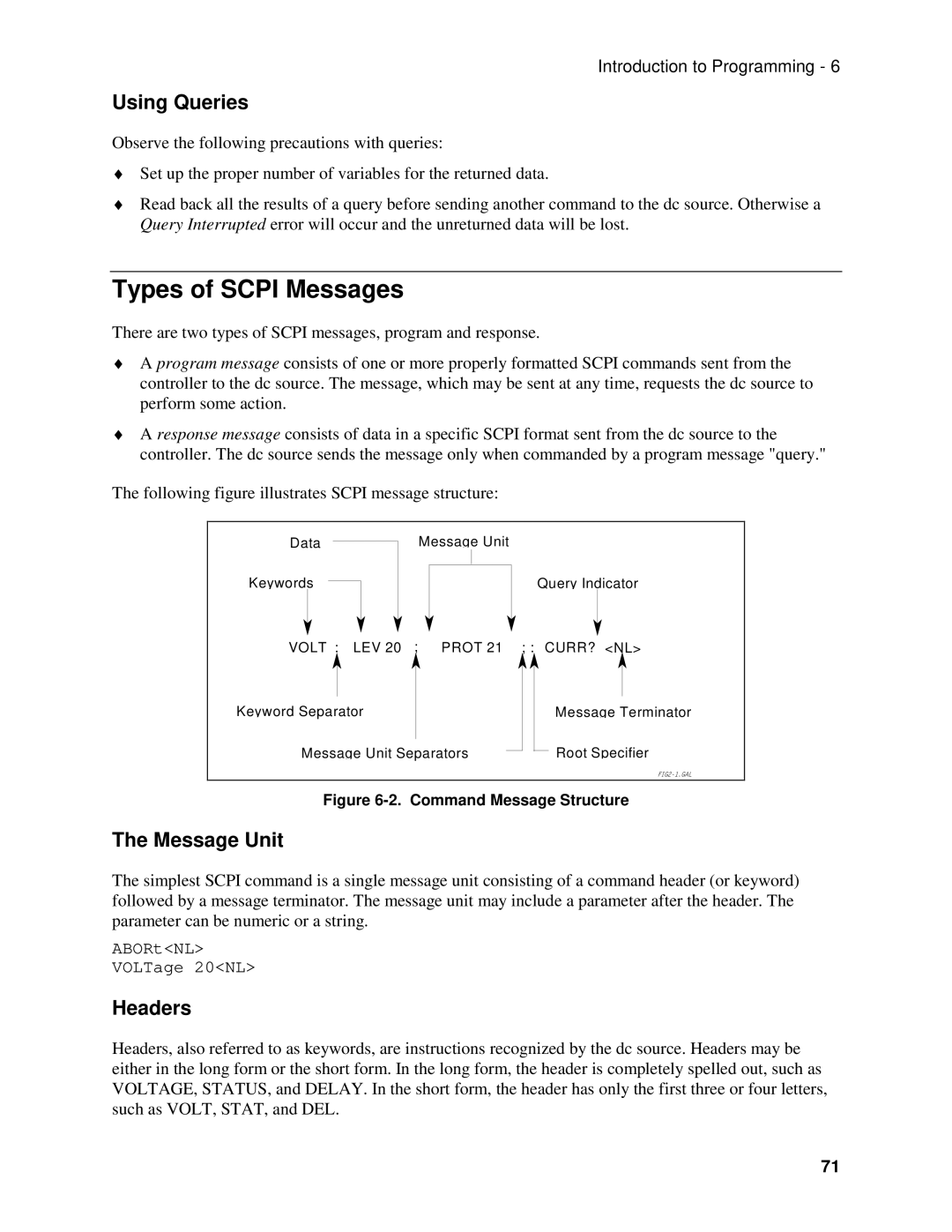 Agilent Technologies 66111A, D, 66311B, 66309B manual Types of Scpi Messages, Using Queries, Message Unit, Headers 