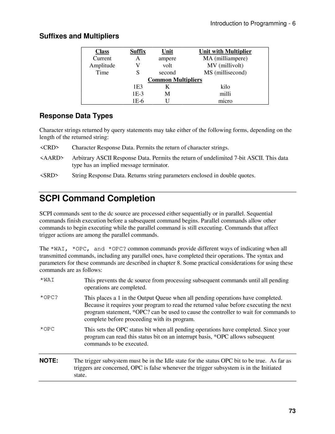 Agilent Technologies 66311B Scpi Command Completion, Suffixes and Multipliers, Response Data Types, Common Multipliers 