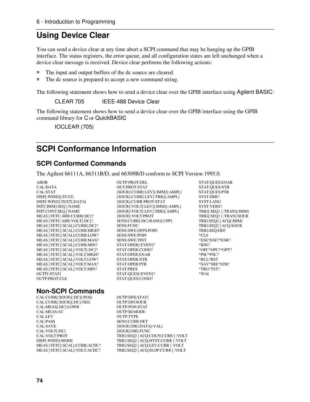 Agilent Technologies 66309B Using Device Clear, Scpi Conformance Information, Scpi Conformed Commands, Non-SCPI Commands 