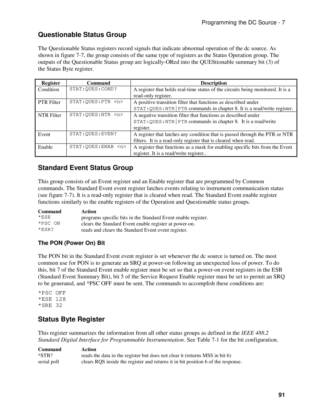 Agilent Technologies 66111A Questionable Status Group, Standard Event Status Group, Status Byte Register, PON Power On Bit 