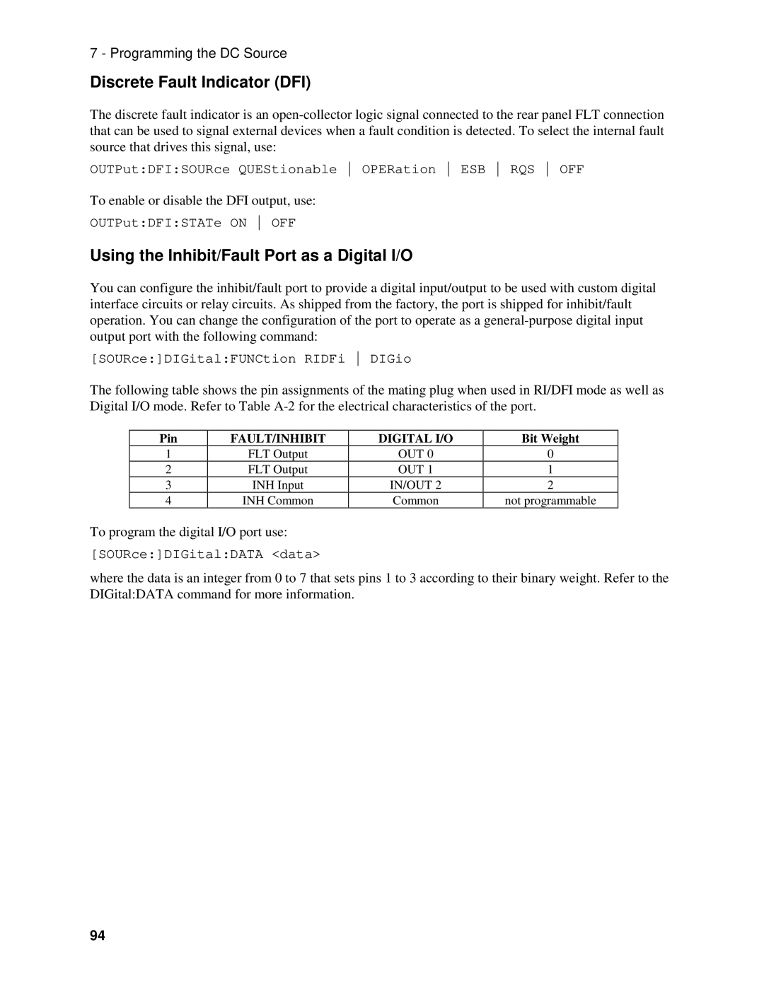 Agilent Technologies 66309B Discrete Fault Indicator DFI, Using the Inhibit/Fault Port as a Digital I/O, Pin, Out In/Out 