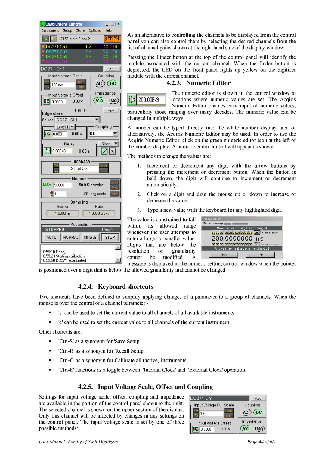 Agilent Technologies DC140, DP240, DP212, DP214 Numeric Editor, Keyboard shortcuts, Input Voltage Scale, Offset and Coupling 