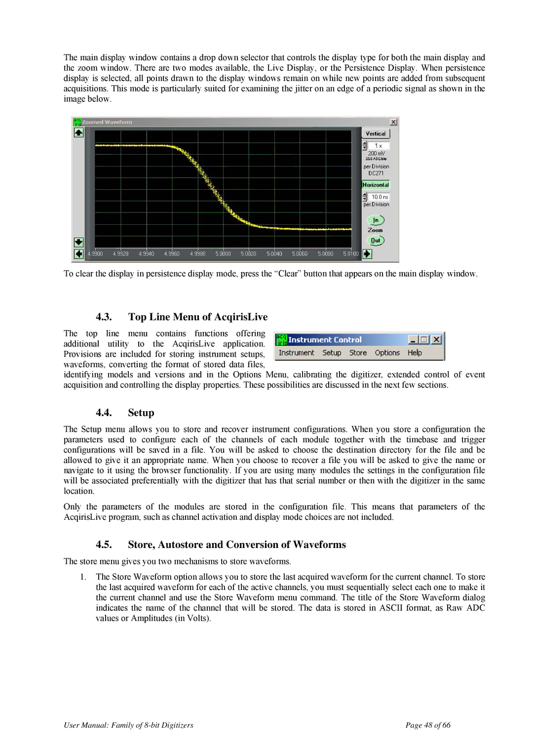 Agilent Technologies DP110, DP240, DP212 Top Line Menu of AcqirisLive, Setup, Store, Autostore and Conversion of Waveforms 