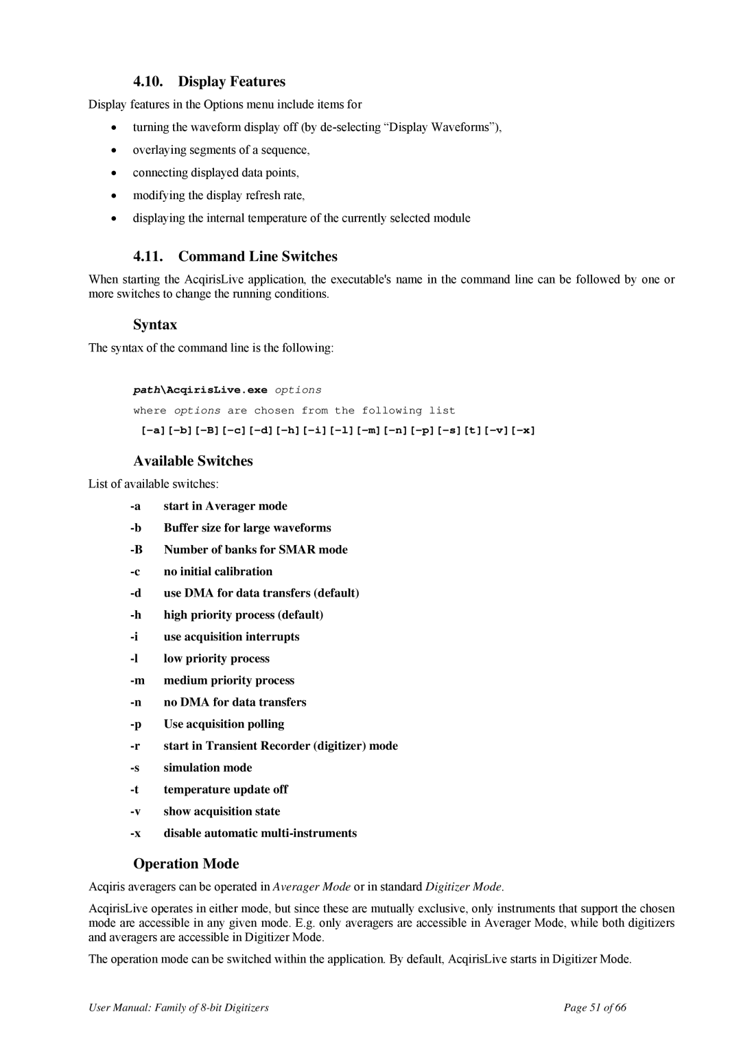 Agilent Technologies DP210, DP240 manual Display Features, Command Line Switches, Syntax, Available Switches, Operation Mode 