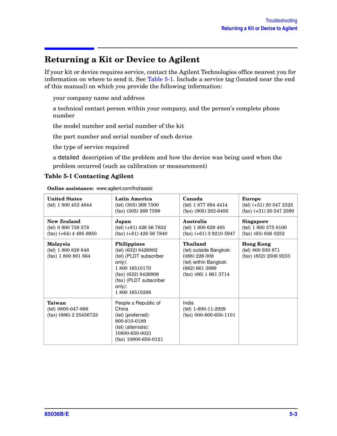 Agilent Technologies 85036B, E manual Returning a Kit or Device to Agilent, Contacting Agilent 