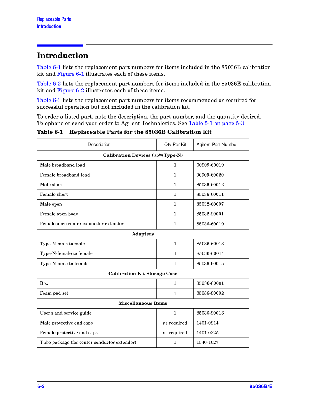 Agilent Technologies E manual Replaceable Parts for the 85036B Calibration Kit, Adapters 